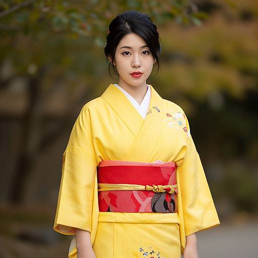 Photograph of an East Asian woman in a bright yellow kimono with a red obi, standing outdoors with a blurred autumn background.
