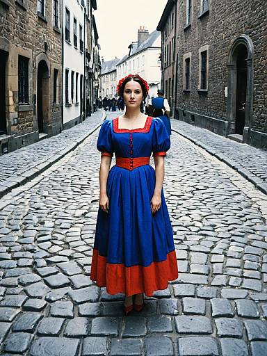 Historical Woman in Blue and Red Dress