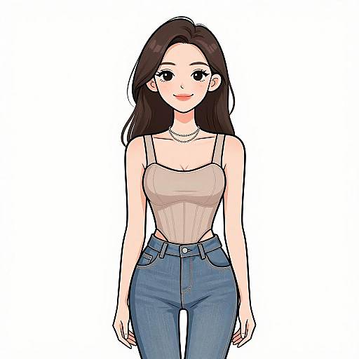 Digital anime-style drawing of a smiling woman with long black hair, wearing a beige tank top, blue jeans, and a pearl necklace, standing against a