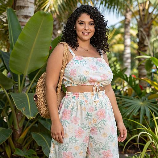 Photograph of a curly-haired, dark-skinned woman with a curvy figure, wearing a floral crop top and high-waisted pants, standing