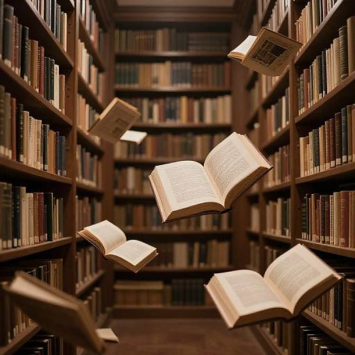 Photograph of a library aisle with floating open books, surrounded by dark wooden bookshelves filled with various books.