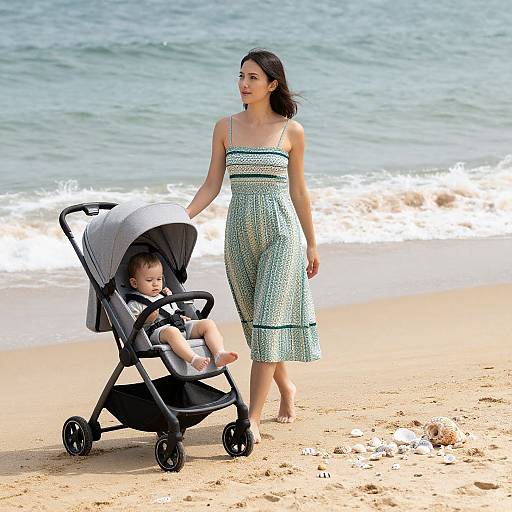 Photograph of a smiling woman with dark hair in a green patterned sundress pushing a black stroller with a baby on a sunny beach, with