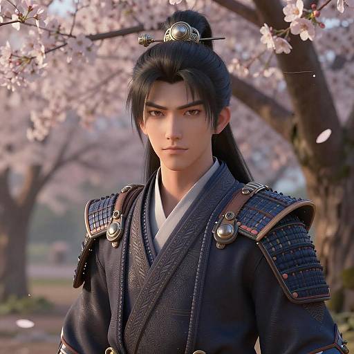 Futuristic Samurai in Cherry Blossom Garden