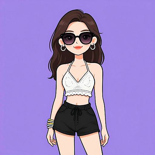 Digital anime-style drawing of a smiling woman with brown hair, black sunglasses, white crocheted crop top, black shorts, and bracelets, against a