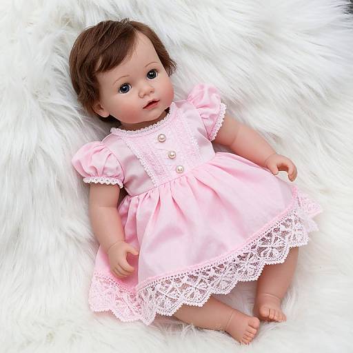Photorealistic image of a baby doll with brown hair, wearing a pink lace-trimmed dress, lying on white fluffy fabric.