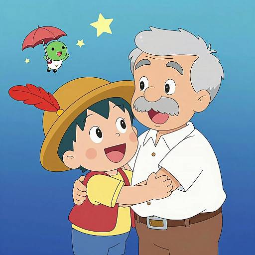 Whimsical Cartoon Hug Between Generations