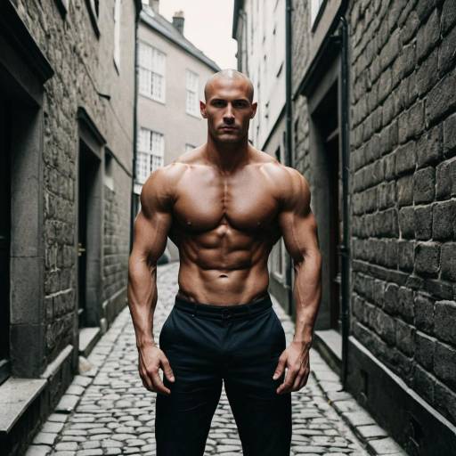 Muscular man standing in cobblestone alley