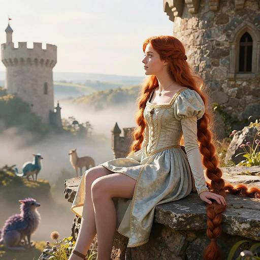 Ginger Rapunzel Sitting on Stone Tower Ledge