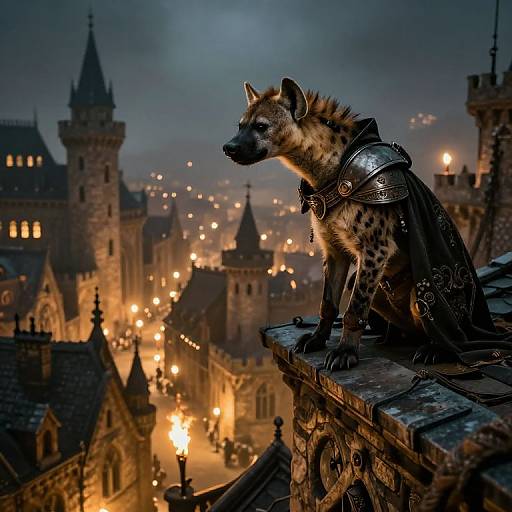 Fantasy photograph of a hyena in medieval armor perched on a gothic castle ledge, overlooking a glowing, illuminated cityscape at dusk.