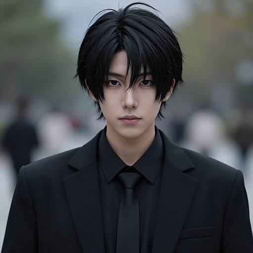 Photorealistic digital portrait of a young Asian man with messy black hair, wearing a black suit and shirt, standing in a blurred outdoor crowd.