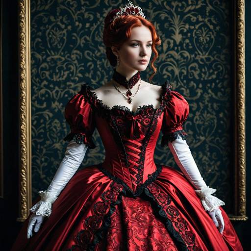 Woman in Ornate Red Victorian Ball Gown