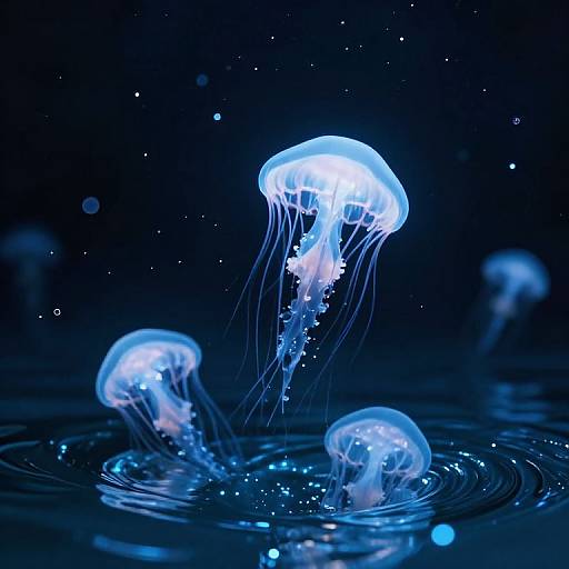 Photograph of glowing blue jellyfish with translucent bell-shaped bodies and long, flowing tentacles, floating in dark, rippling water.