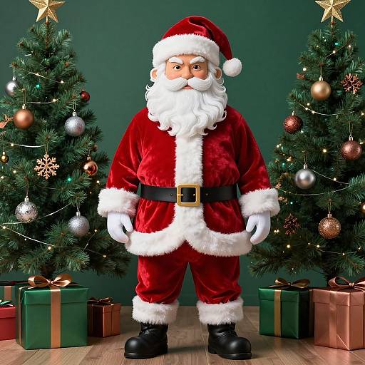 Photograph of a festive Santa Claus with a white beard, red velvet suit, and black boots, standing between two decorated Christmas trees with gifts and star
