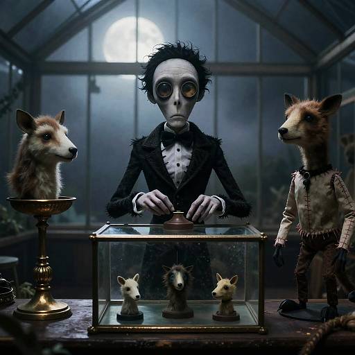 Moonlit Taxidermist in Foggy Greenhouse