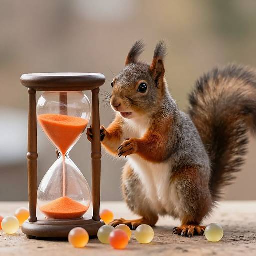 Photograph of a curious gray squirrel with a fluffy tail, standing on its hind legs, touching an hourglass with orange sand, surrounded by colorful mar