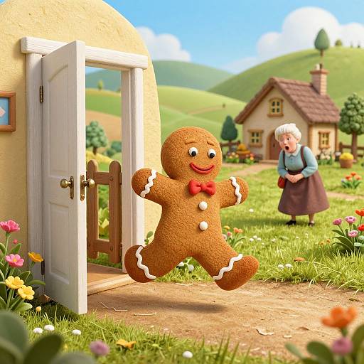 CGI image: Gingerbread man with red bowtie and white buttons, legs outstretched, exits yellow cottage into sunny, flower-filled countryside,