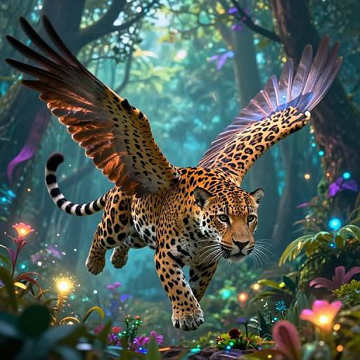 Digital artwork of a winged cheetah soaring through a vibrant, enchanted forest with glowing flowers and luminescent foliage.