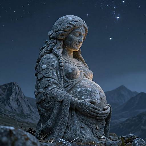 Photograph of a moonlit, intricately carved, pregnant stone statue of a serene woman with floral patterns, holding her belly, under a starry