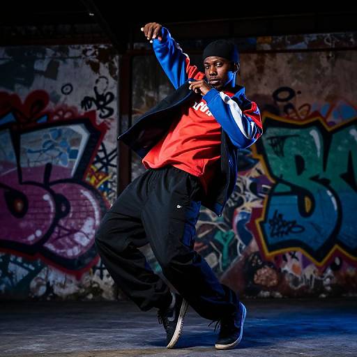 Photograph of a young Black man in a red and blue jacket, black pants, and beanie, dancing energetically in a graffiti-covered urban