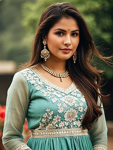 Young Woman in Embroidered Lace Salwar Kameez