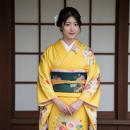 Photograph of an Asian woman in a bright yellow floral kimono with a green obi, standing in front of a traditional wooden shoji screen.