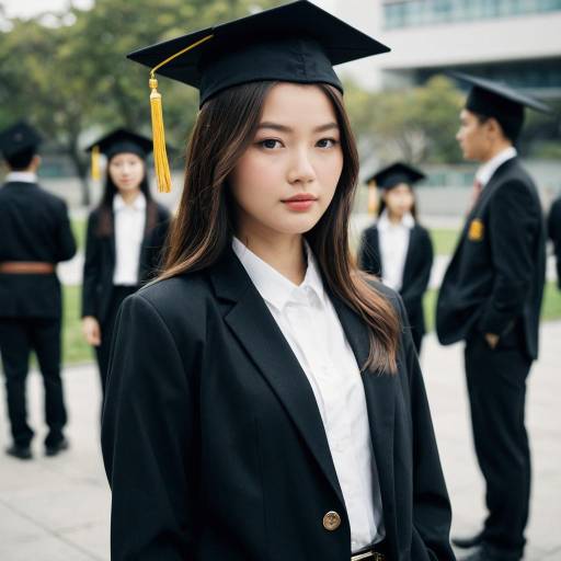 Asian Female Graduate in Black Suit and Cap
