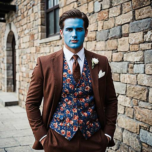 Man with Blue Face Paint in Brown Suit