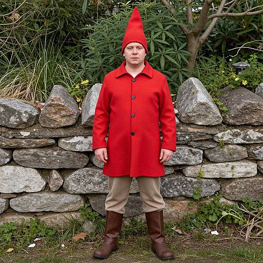 Photograph of a fair-skinned man in a red gnome hat, red coat, beige pants, brown boots, standing before a stone wall. Green