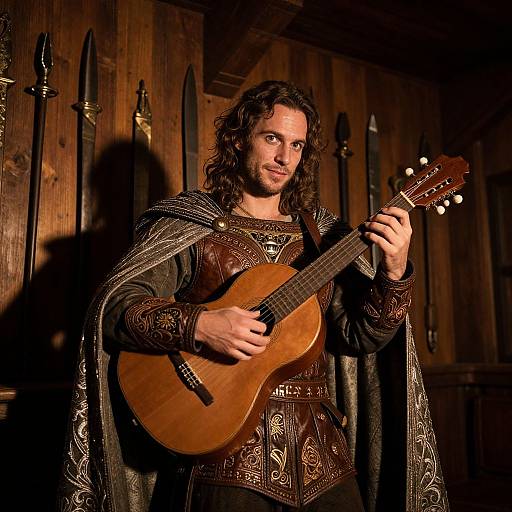 Medieval man with curly brown hair, wearing ornate chainmail and cloak, plays wooden lute in dimly lit wooden room with mounted spears