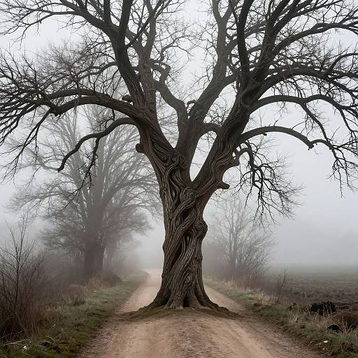 Photograph of a foggy, rural dirt path lined with large, leafless, twisted trees; eerie, misty atmosphere with muted, grayish