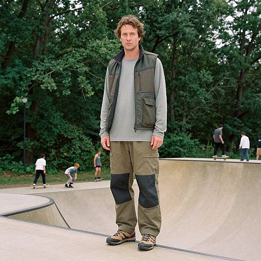 Photograph of a young man with curly brown hair, wearing a gray shirt, black and gray jacket, and olive cargo pants, standing in a concrete