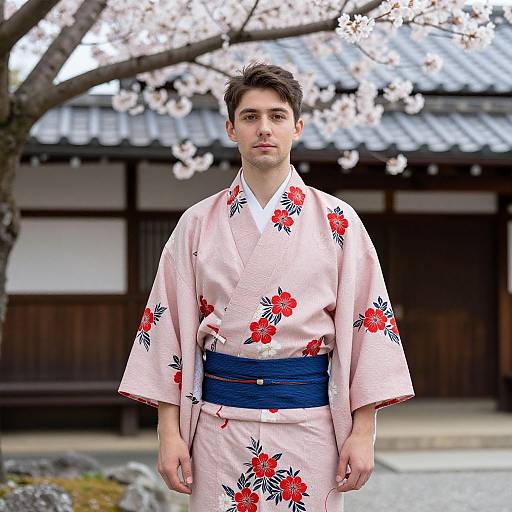 Young man in a pink floral kimono with blue obi, standing in front of a cherry blossom tree and traditional wooden building. Photorealistic photograph