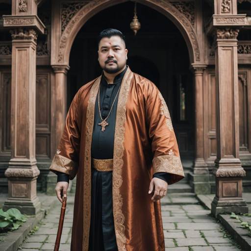 Man in Copper Lotus Silk Robe at Historic Temple