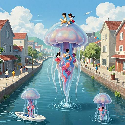 Digital anime-style illustration of children riding jellyfish-like water bubbles down a canal, with colorful houses and a sunny, blue sky background.