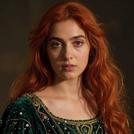 Photograph of a young woman with long, wavy red hair, fair skin, and green eyes, wearing a dark green, beaded, embroidered