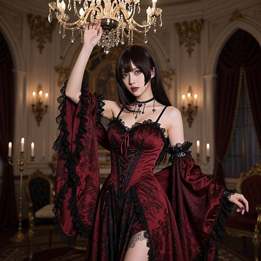 Digital artwork of a pale-skinned, dark-haired woman in a red, black-laced Gothic dress, raising her arm under a chandelier in an