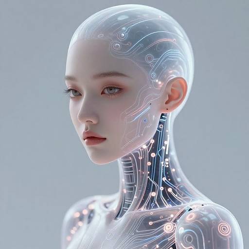 Digital CGI of a futuristic, transparent-skinned, androgyne humanoid with glowing circuitry patterns on the head and neck, set against a light