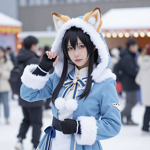 Photograph of an Asian woman in a blue and white furry cat-eared hoodie, black gloves, and long black hair, standing outdoors at a brightly