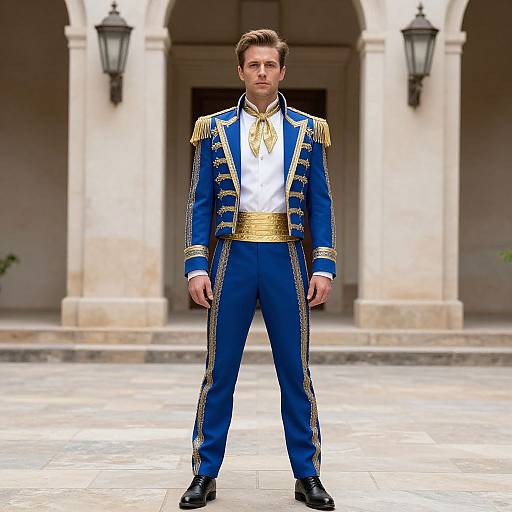Photograph of a handsome man in a blue and gold military-style uniform, standing confidently in an arched, stone courtyard.