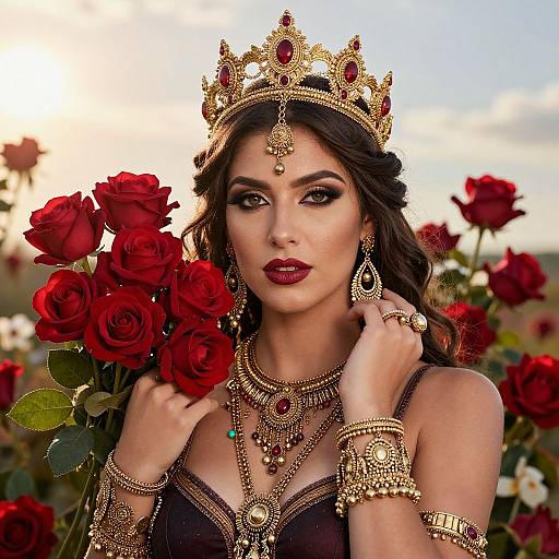 Elegant Gypsy Woman with Gold Jewelry