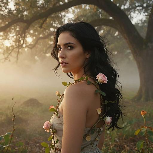 Photograph of a beautiful woman with long black hair, wearing a floral dress adorned with roses, standing in a misty, sunlit forest.