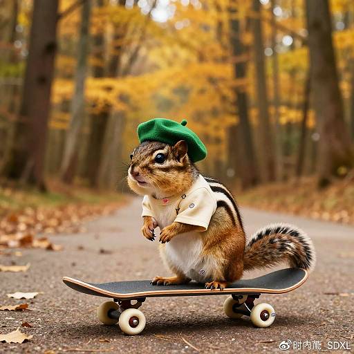 Mischievous Chipmunk Skateboarding in Autumn