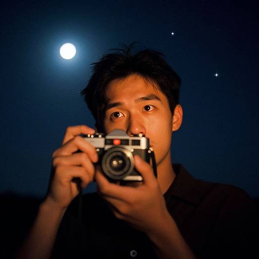 Photograph of an Asian man with short black hair, wearing a black shirt, holding a camera, against a dark blue night sky with a bright full