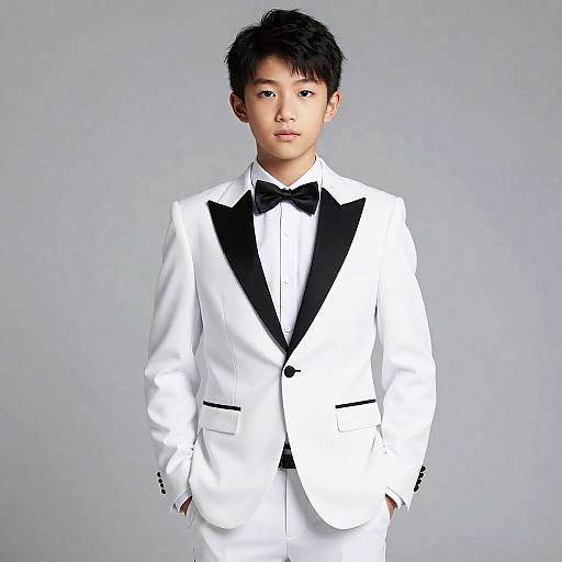 Photograph of young Asian boy with short black hair, wearing a white tuxedo with black lapels and bow tie, standing against a plain gray