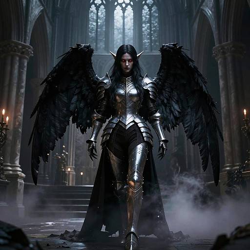 Dark Fallen Aasimar in Gothic Cathedral