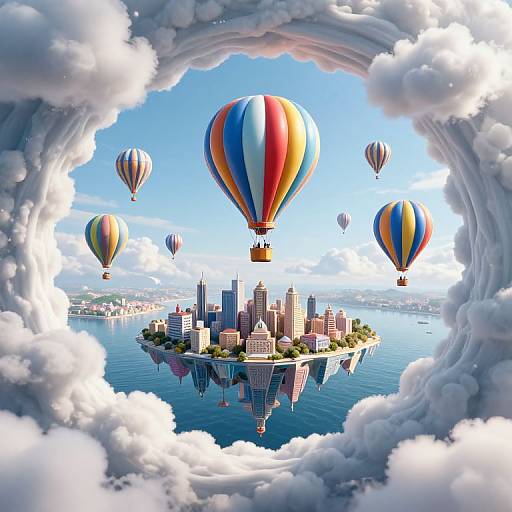 Photorealistic CGI: Floating city surrounded by blue water, framed by fluffy white clouds, with colorful hot air balloons overhead. Bright blue sky, vibrant