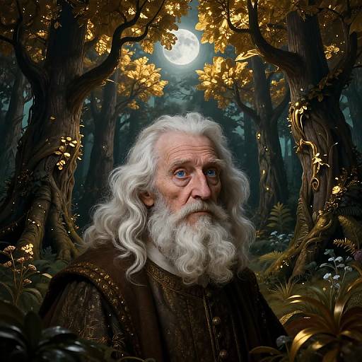 Photorealistic digital art of an elderly, white-bearded wizard with blue eyes, wearing dark, ornate robes, under a glowing moon in a