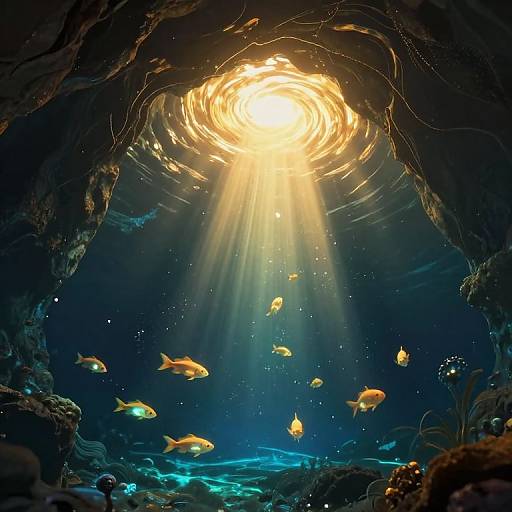 Digital art of a glowing underwater cave with golden rays of light illuminating orange fish swimming around dark, rocky surroundings.