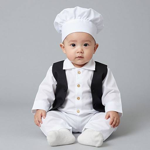 Photograph of an adorable Asian baby sitting, wearing a white chef outfit with black vest, gold buttons, and tall white hat.