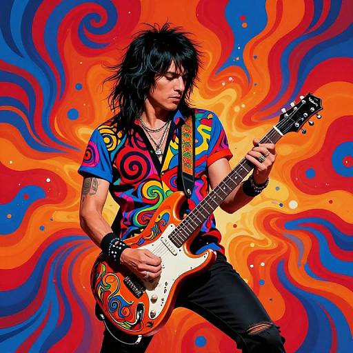 Rock musician with black hair, colorful psychedelic shirt, black pants, and orange-white guitar, playing against vibrant swirl background. Digital art.